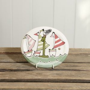 Small oval ceramic house plaque with sea, gulls and sailing boat design