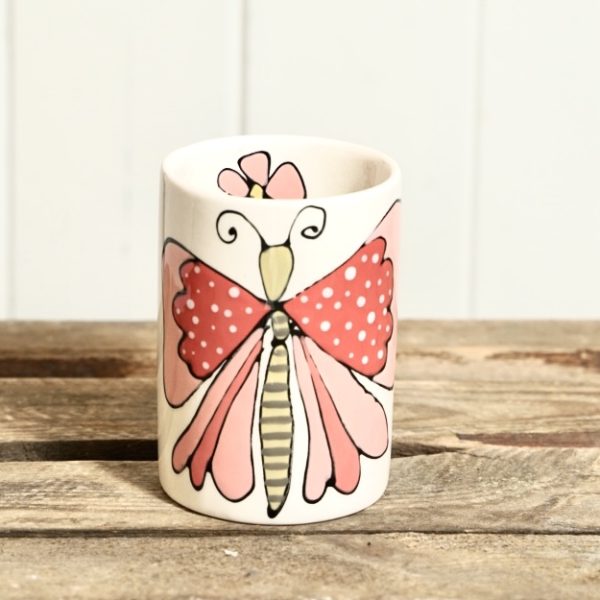 Tall beaker or pen pot with butterfly design