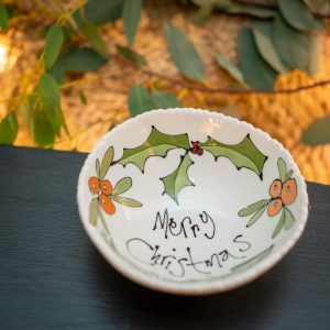 'Merry Christmas' Bowl with Scalloped Edges, Holly and Berries