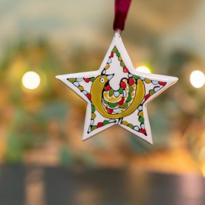 Hanging Star Ornament with Mustard Bird Design