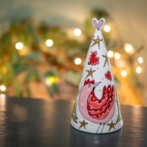 Tea Light Ornament with Pink Bird and Christmas Trees