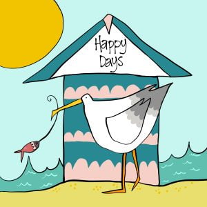 Gull and Beach Hut print by Thea Cutting