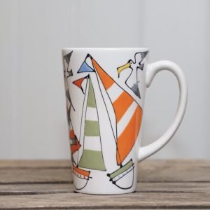 Coastal Sailing boats and seagulls design latte mug