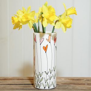 Medium ceramic cylinder vase hand-decorated with hearts and leaf motifs by Thea Cutting, Gallery Thea