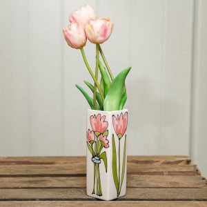 Hand-painted ceramic bud vase with tulips design, by Thea Cutting, Gallery Thea