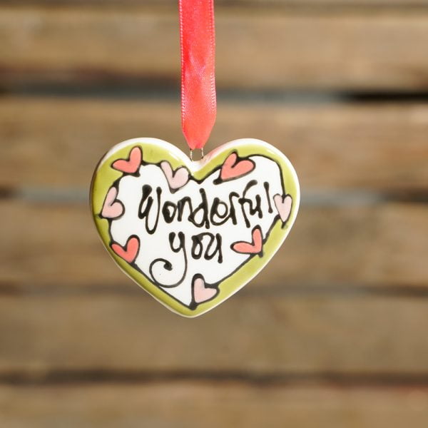 Heart-shaped ceramic keyring with "Wonderful you" and "Lovely you", by Thea Cutting, Gallery Thea