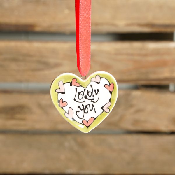 Heart-shaped ceramic keyring with "Wonderful you" and "Lovely you", by Thea Cutting, Gallery Thea