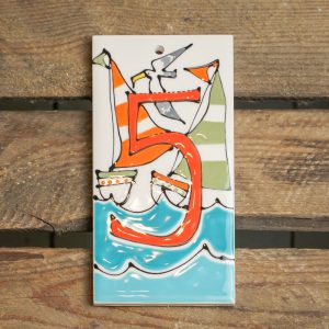 Coastal style ceramic house number tile: 5. By Thea Cutting, Gallery Thea