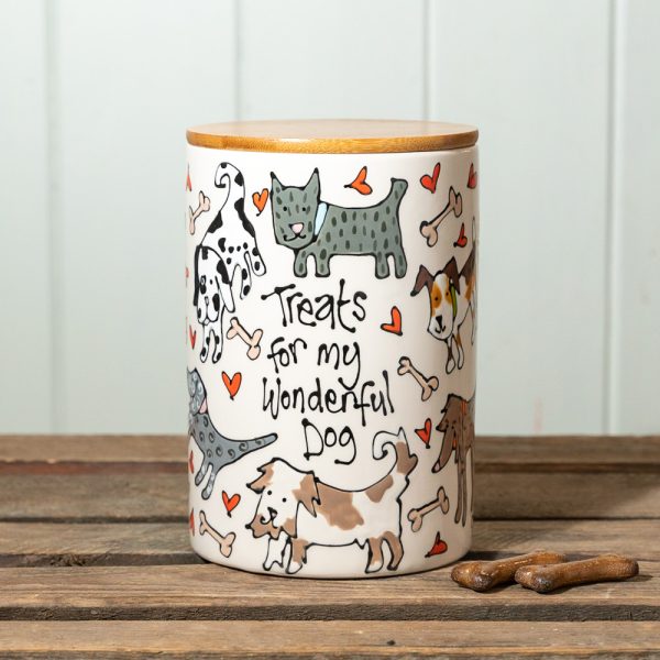 Hand-painted ceramic dog treats canister by Thea Cutting, Gallery Thea