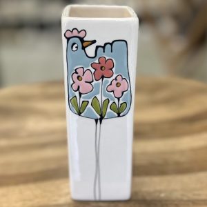 Blue Bird & Flower Ceramic Bud Vase