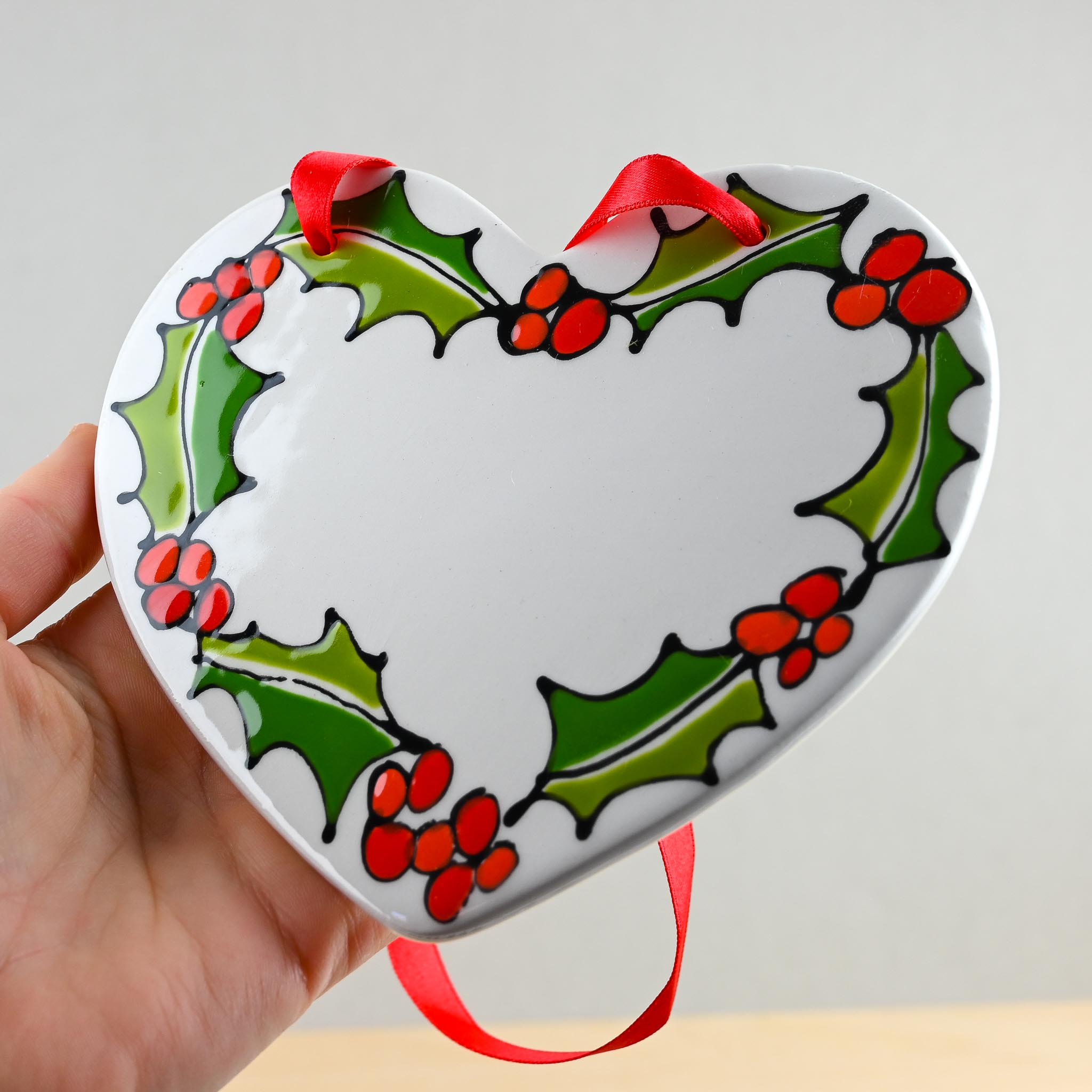 Holly Hanging Heart with Ribbon - Image 3