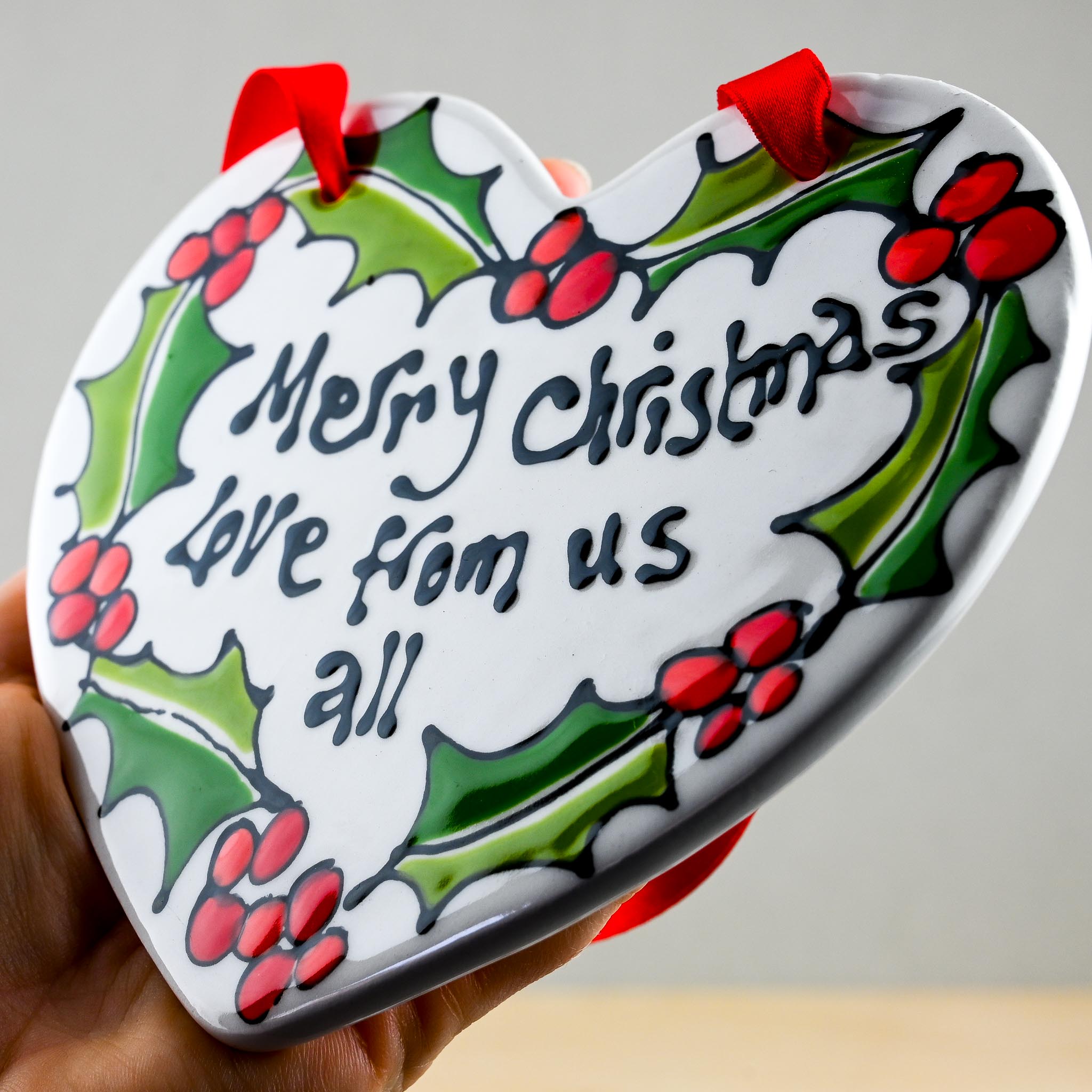 Holly Hanging Heart with Ribbon - Image 2